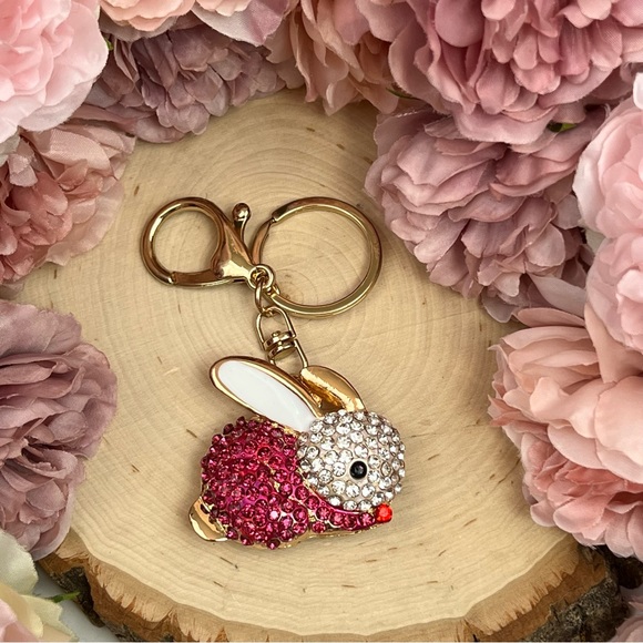 Hot Pink and Silver Crystal Bunny Rabbit Keychain Charm - Picture 6 of 14